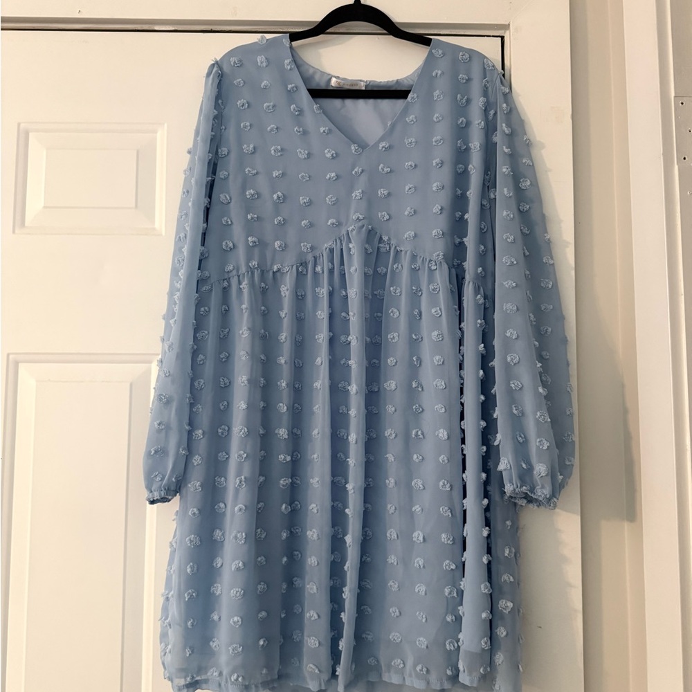 Girls' Light Blue Textured Long-Sleeve Dress